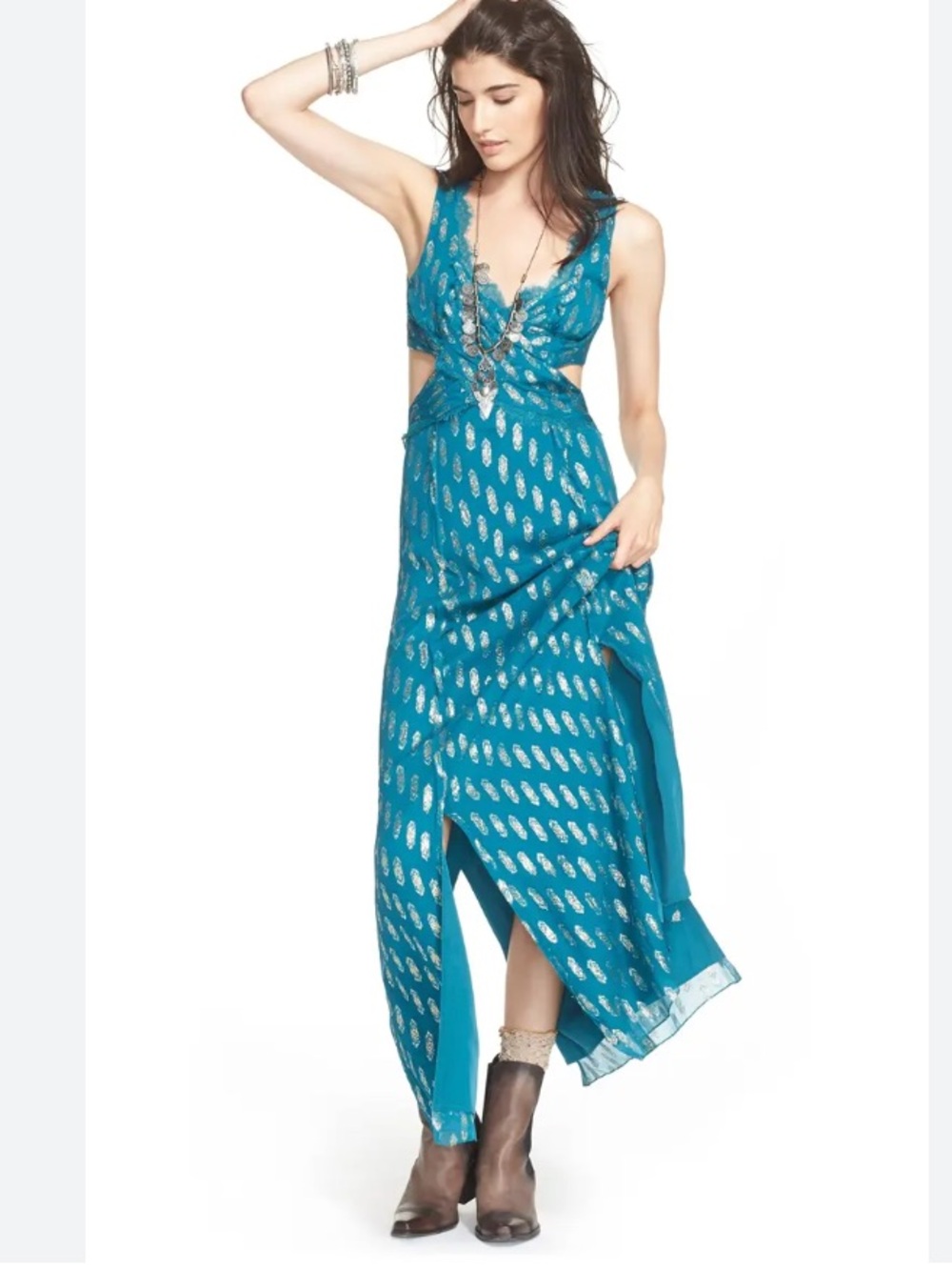 Free People Cross My Heart Jacquard Maxi Dress Size 6 - Teal Gold Boho Cutout